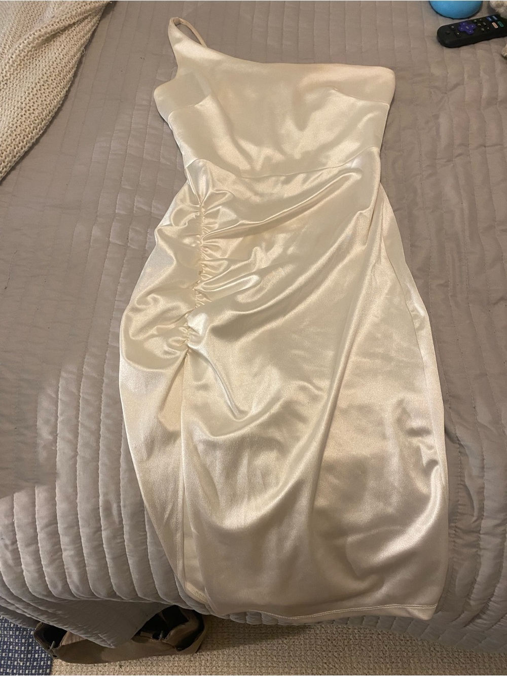 One-Shoulder Ivory Satin Cocktail Dress